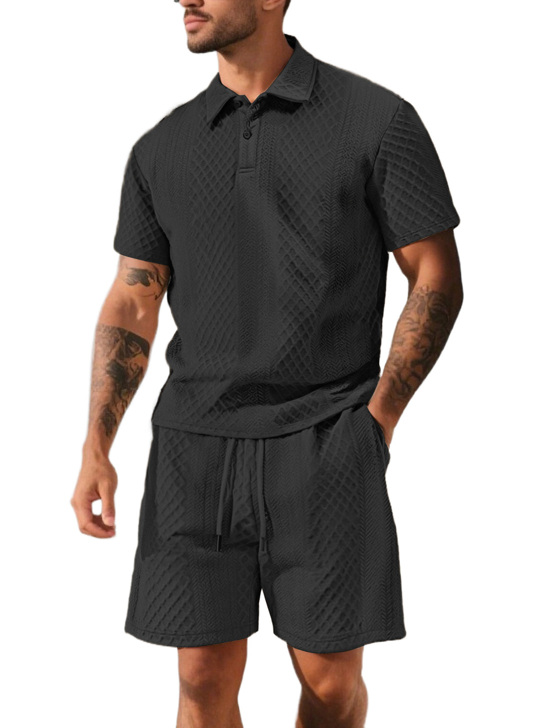 Herren nan strukturiertes Poloshirt- und Bermudashorts-Set aus gesteppter Baumwollmischung R&B