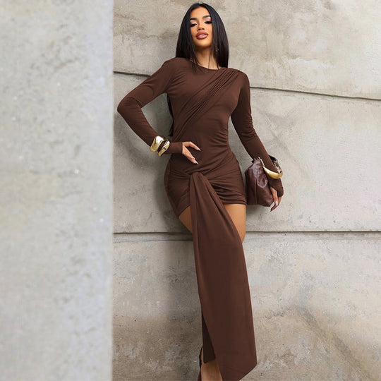 Damen Wickelkleid mit raffinierter Drapierung und langen Ärmeln R&B