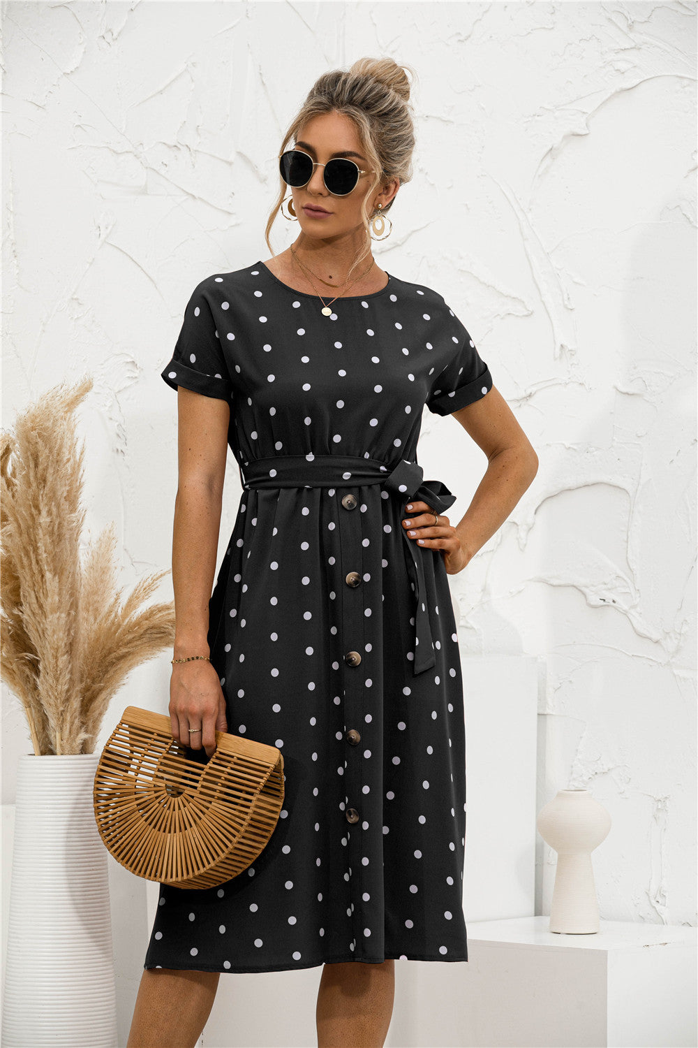Damen Kleid mit Knopfleiste und modernen Punkte-Design R&B
