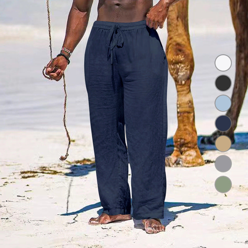 Herren lässige Strandhose aus leichtem Leinenstoff mit elastischem Bund und Kordelzug R&B
