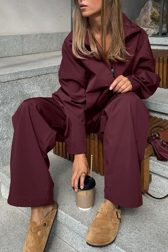 R&B | Burgunder Langarm Revers Trenchcoat Hoch Taillierte Slim Fit Hose Satz