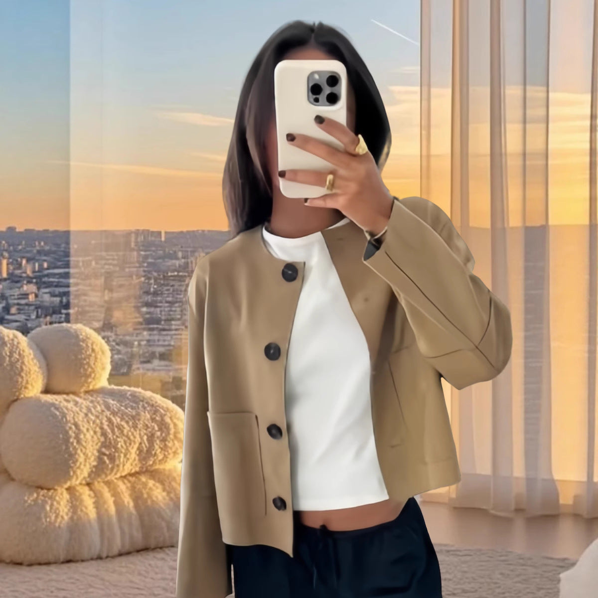 Damen modische Kurzjacke mit eleganten Knopfdetails und praktischen Taschen R&B