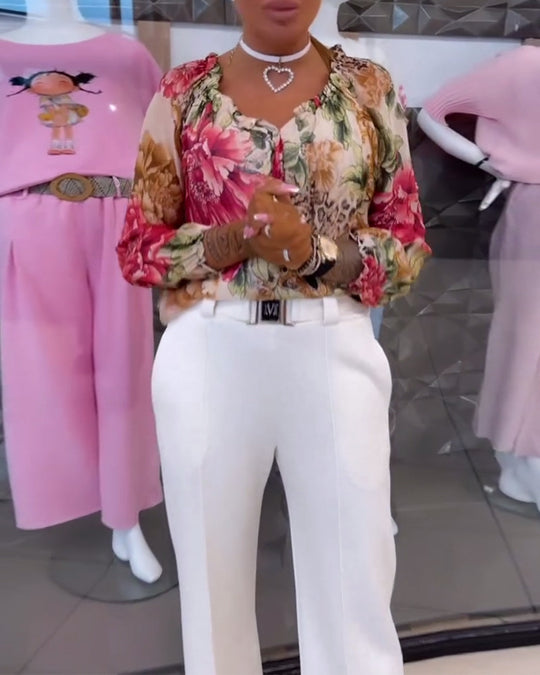 Damen nan Seidenoptik-Bluse mit floral-animalischem Print, V-Ausschnitt, Raffung und Manschetten R&B