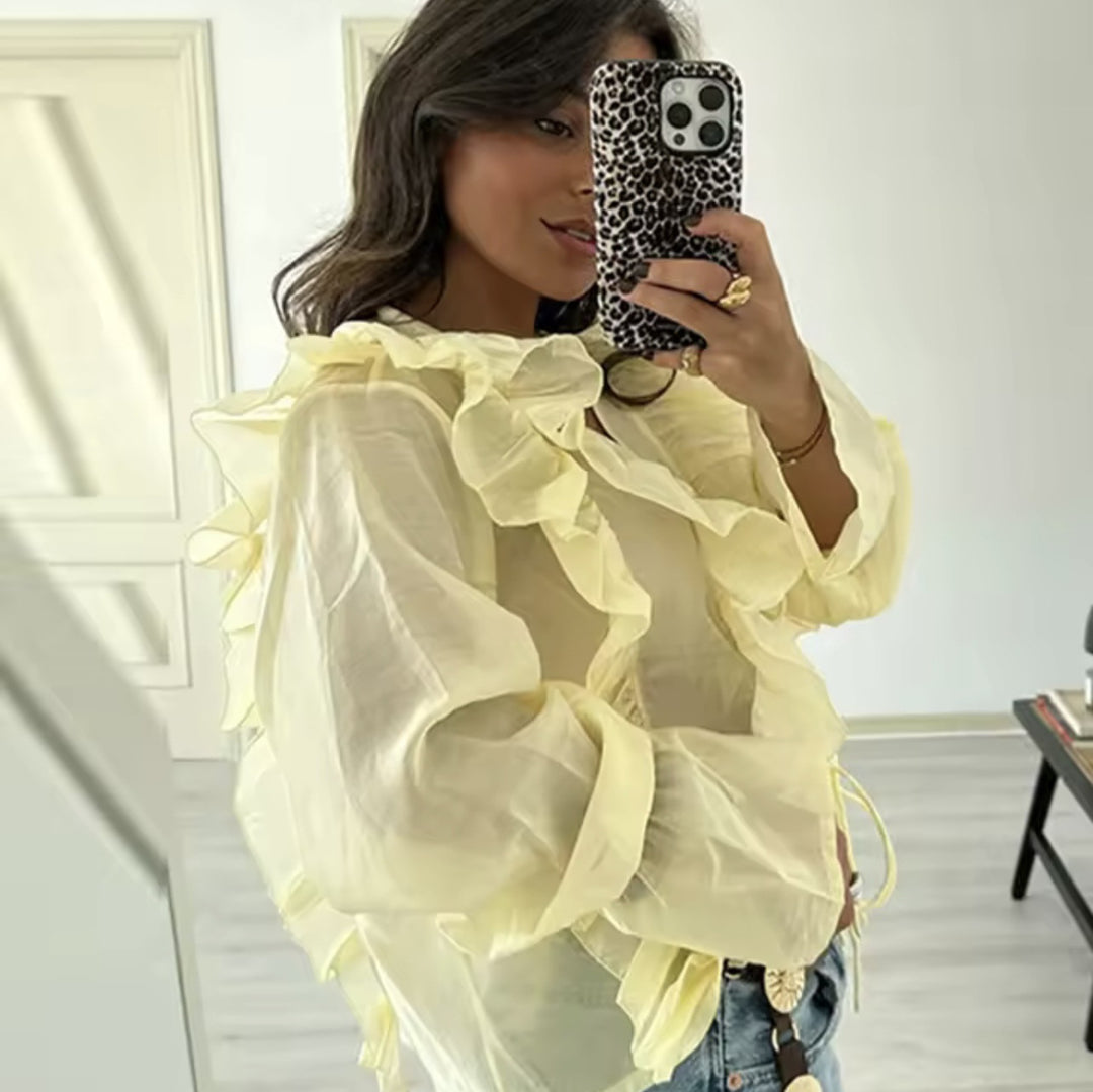 Damen Rüschenshirt mit verspielt voluminösen Ärmeln und seitlichem Bindeband R&B