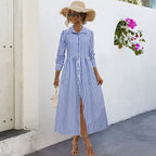 Damen Midi-Kleid mit eleganten Streifen und strukturierter Knopfleiste R&B