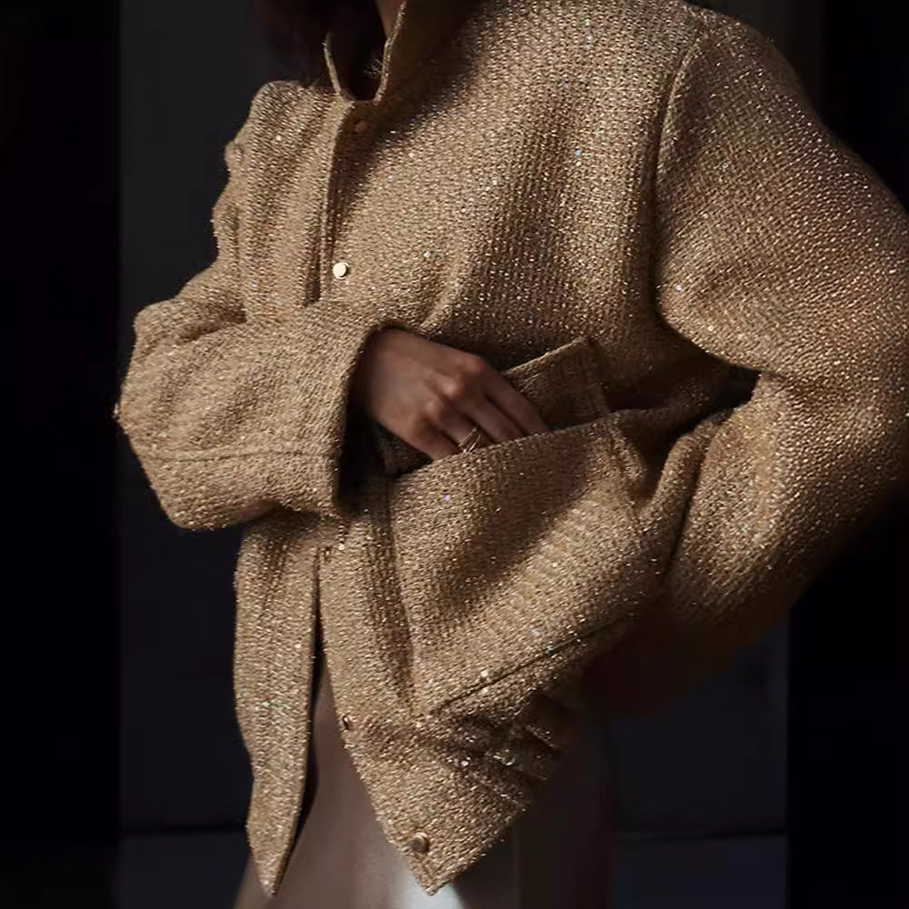 Damen Glamouröse Glitzerjacke mit oversized Schnitt und modischen Taschen R&B