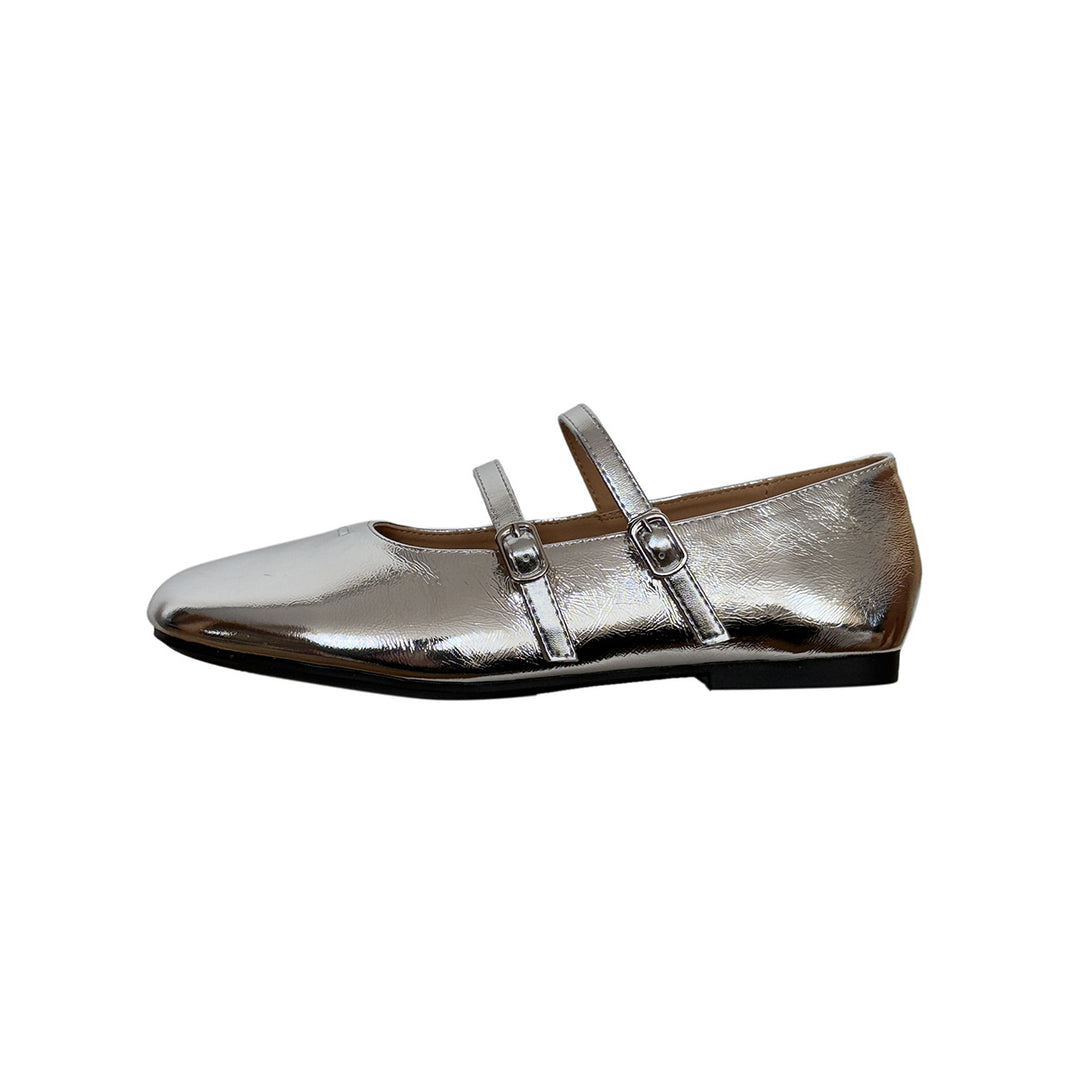 Damen Elegante Ballerinas mit doppeltem Riemchen aus hochwertigem Metallic-Leder R&B