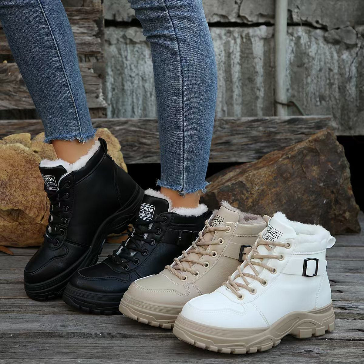 Damen modische Schnürstiefel mit warmem Fleece-Futter und rutschfester Sohle R&B