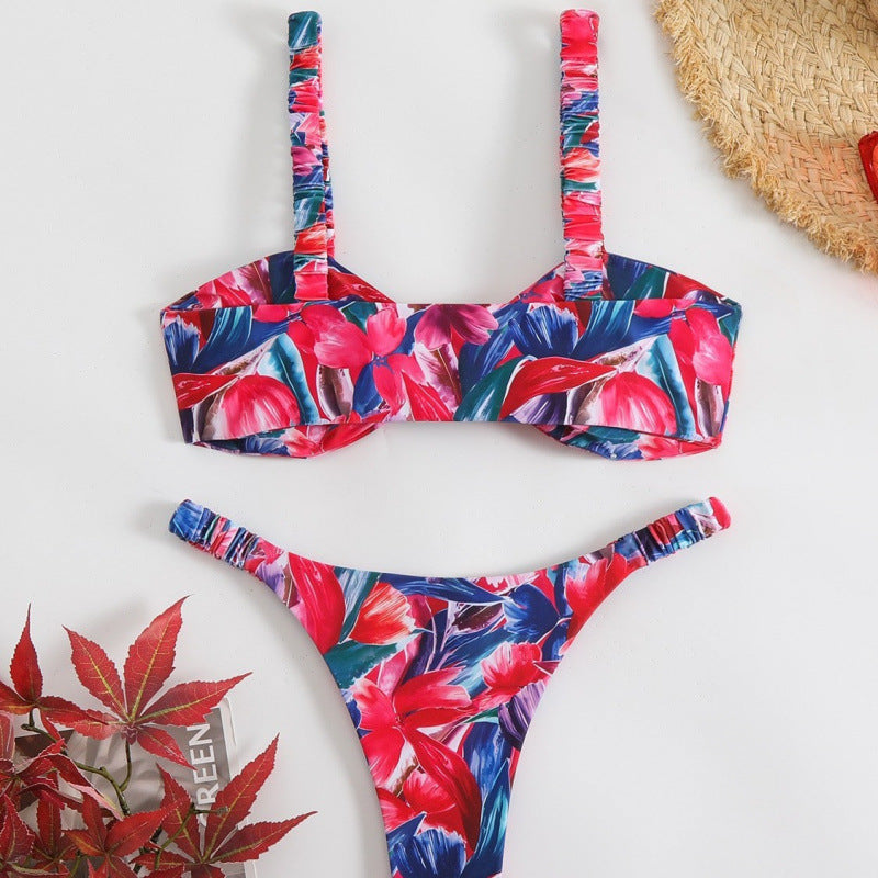 Damen Triangel-Bikini mit tropischem Druck und zarten Rüschen R&B