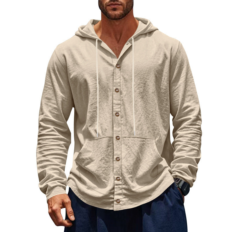 Herren nan knopfverschlossene Kapuzenhemdjacke aus leichtem Baumwollmix mit Kängurutasche R&B