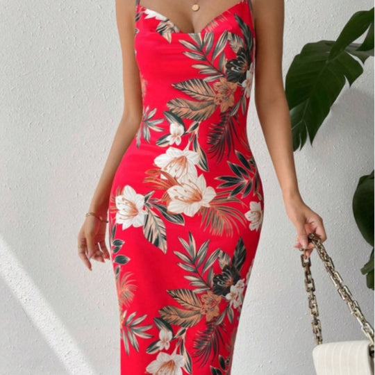 Damen Sommerliches Etuikleid mit floralem Design und Spaghetti-Trägern R&B