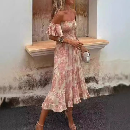 Damen Off-Shoulder Maxikleid mit Rüschendetails und elastischem Taillenband R&B