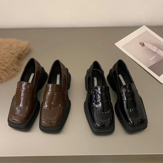 Damen Edle Lackleder-Ballerinas mit breitem Blockabsatz R&B
