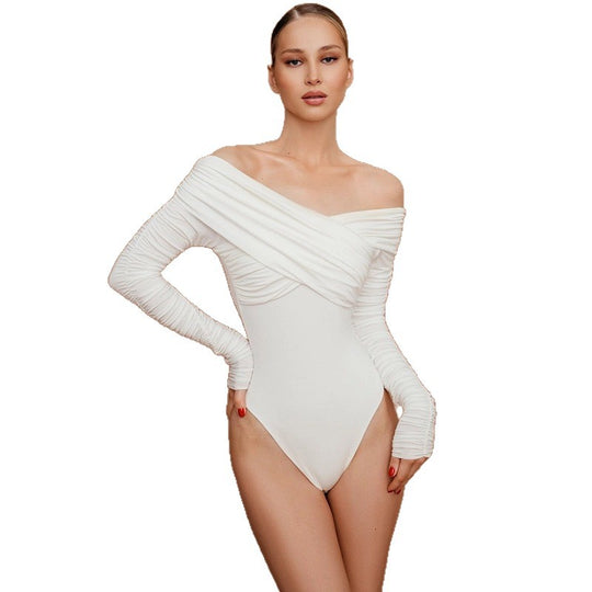 Damen Eleganter Off-Shoulder Body mit gerafften Ärmeln R&B