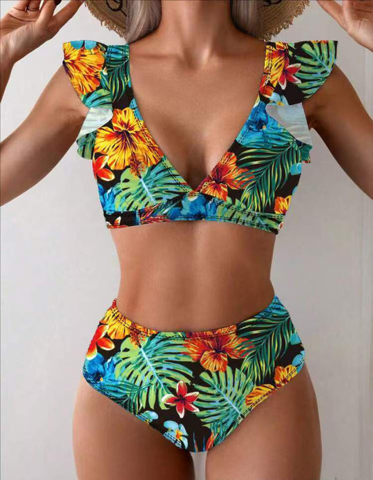 Damen Bikini-Set mit verspielten Rüschen und floralen Mustern R&B