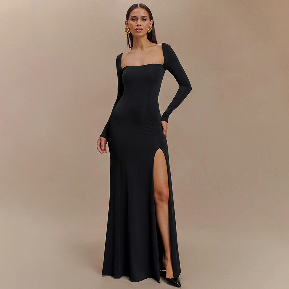 Damen Elegantes Maxikleid mit tiefem Schlitz und langen Ärmeltechnik R&B