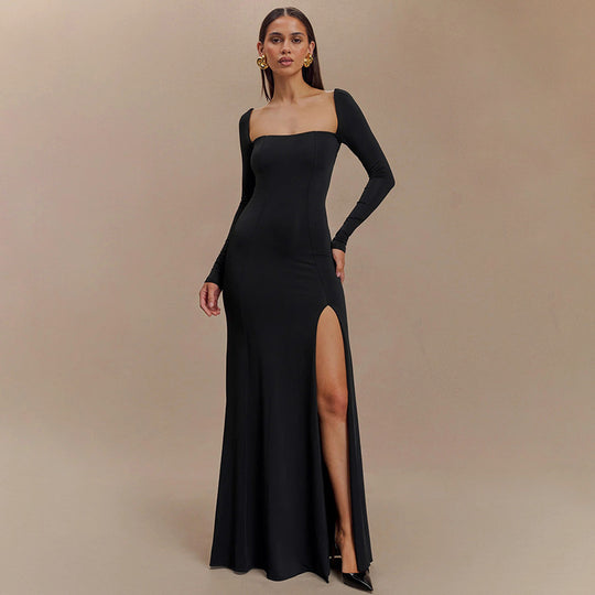Damen Elegantes Maxikleid mit tiefem Schlitz und langen Ärmeltechnik R&B