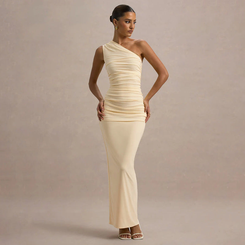 Damen schulterfreies Maxikleid mit Rüschendetails und figurbetonter Silhouette R&B