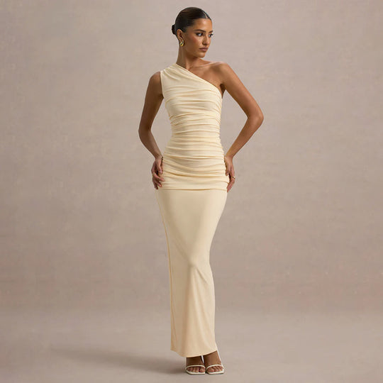 Damen schulterfreies Maxikleid mit Rüschendetails und figurbetonter Silhouette R&B