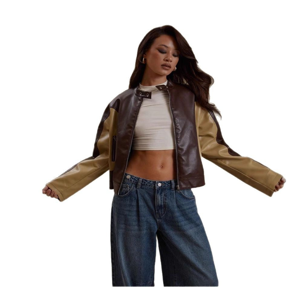 Damen modische Kunstlederjacke mit kontrastierenden Ärmeln R&B