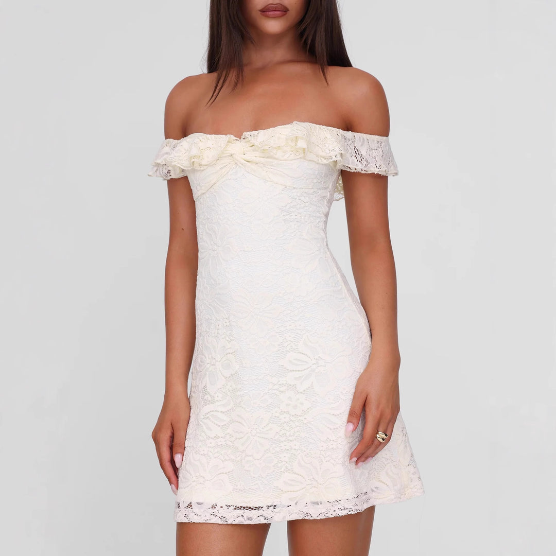Damen Spitzenkleid mit voluminösem Rüscheneinsatz und schulterfreiem Design R&B