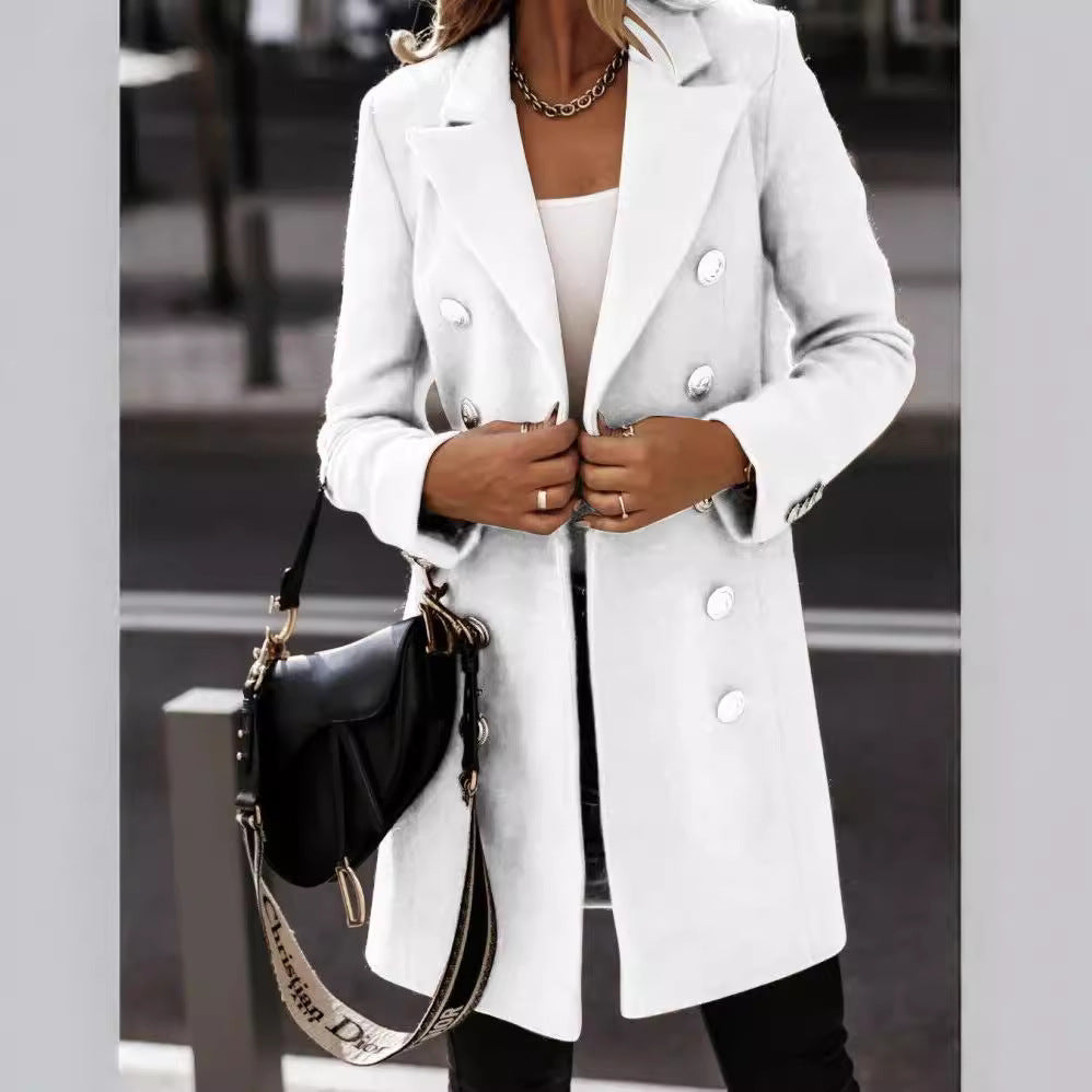 Damen Eleganter und warmer Wollmantel mit doppelter Knopfreihe R&B