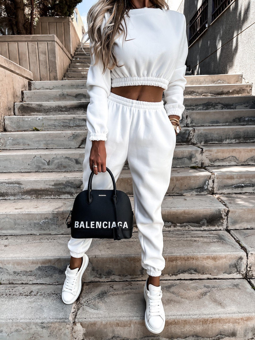 Damen Sportliches Freizeit-Set mit cropped Oberteil und elastischem Bund R&B