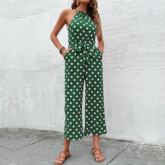 Damen eleganter Jumpsuit mit verstellbarem Bindegürtel und modischem Punkte-Design R&B