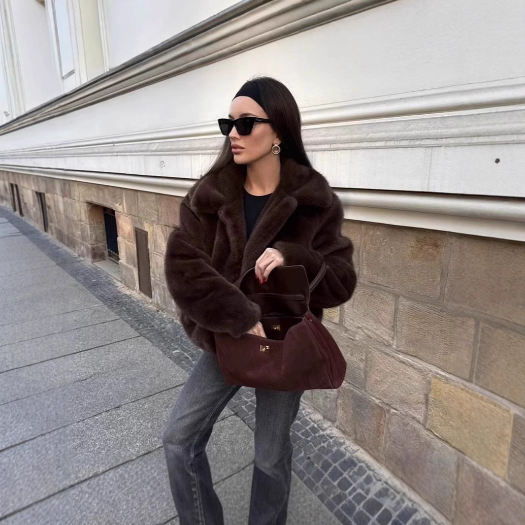 Damen Kurze Kunstfelljacke mit elegantem Kragen und zusätzlichem Komfort R&B