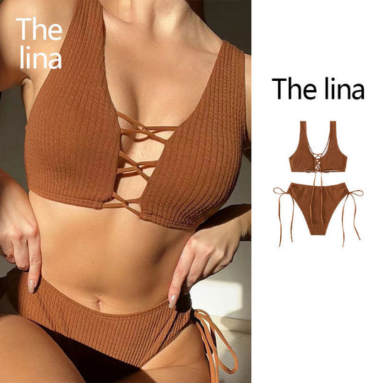 Damen Bikiniset mit raffiniertem Bindedesign und hochgeschnittenem Unterteil R&B