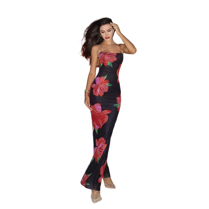 Damen figurbetontes Maxikleid mit floralen Akzenten und schmalen Spaghetti-Trägern R&B