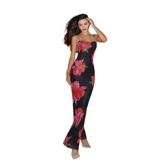 Damen figurbetontes Maxikleid mit floralen Akzenten und schmalen Spaghetti-Trägern R&B
