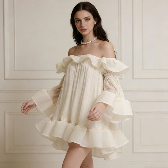Damen Verspielt-romantisches Minikleid mit Volants und schulterfreiem Design R&B