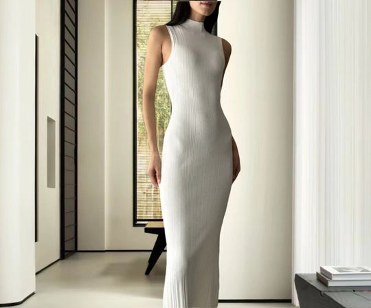 Damen Elegantes Langarm Maxikleid im Rippstrick-Stil R&B