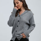 Damen lässige Strickjacke mit Kapuze und Knopfverschluss R&B