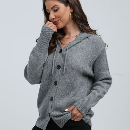 R&B | Strickjacke mit Kapuze Strickstoff Lässige Passform Knopfverschluss