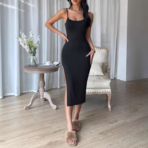 Damen figurbetontes Maxi-Kleid mit schmalen Spaghettiträgern und seitlichem Schlitz R&B