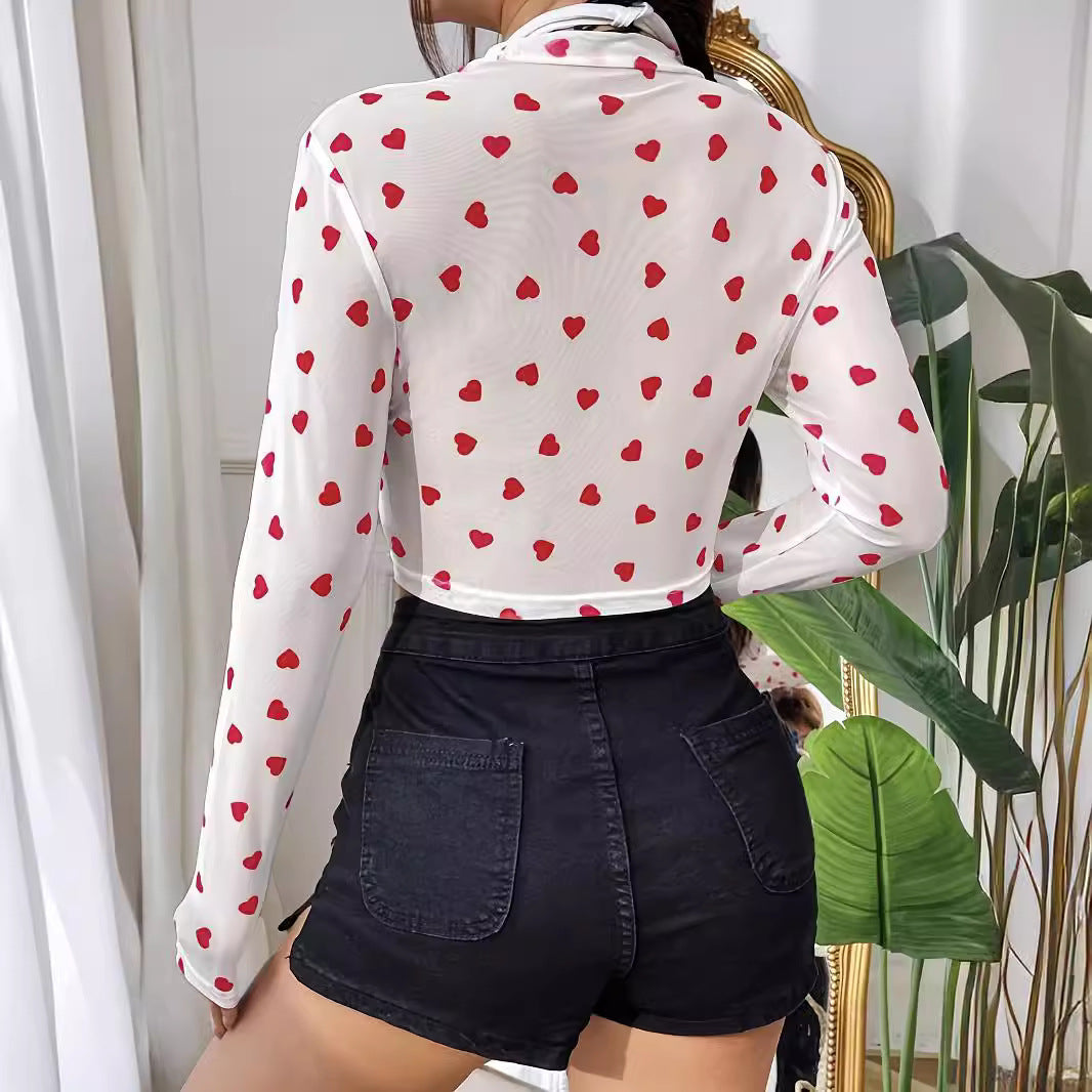 Damen Langarm-Crop-Top mit herzförmigem Design und transparentem Stoff R&B