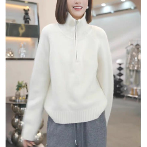 Damen Strickpullover mit hohem Kragen und praktischem Reißverschluss R&B