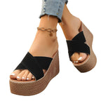 Damen Wedge-Sandalen mit geflochtenem Absatz und überkreuzten Riemen
