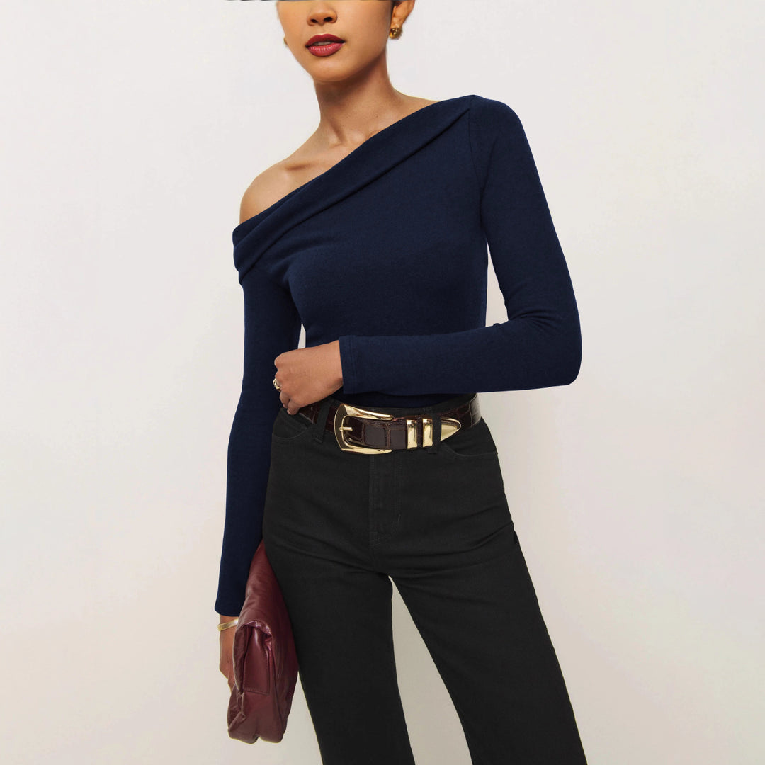 Damen Elegantes Langarmoberteil mit schrägem Ausschnitt und figurbetontem Schnitt R&B