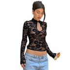 Damen Elegantes Spitzenoberteil mit hochgeschlossenem Design und floralem Muster R&B