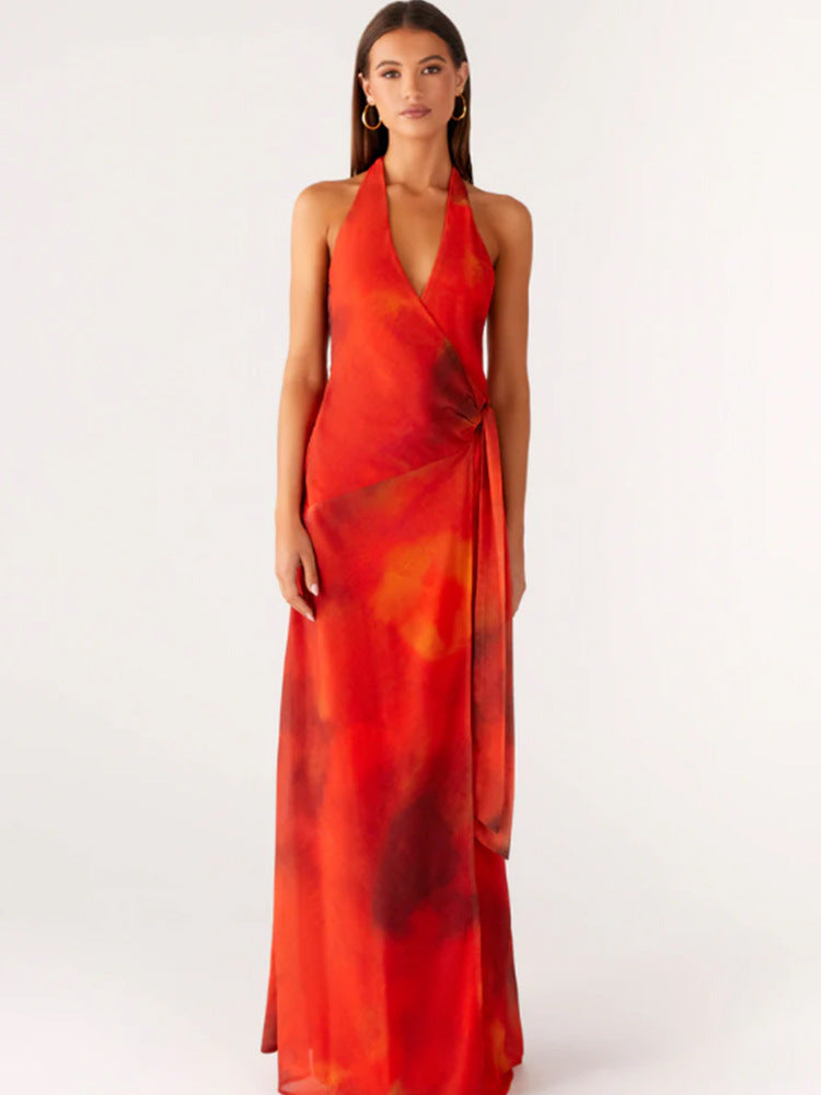 Damen Wickelmaxikleid mit tiefem V-Ausschnitt und fließendem Saum R&B