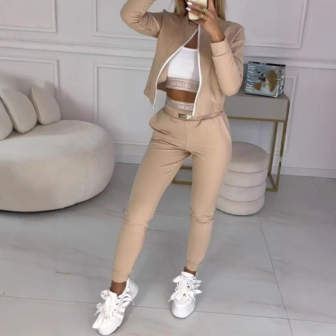 Damen Sportlicher Jumper-Set mit Reißverschluss und elastischem Bund R&B