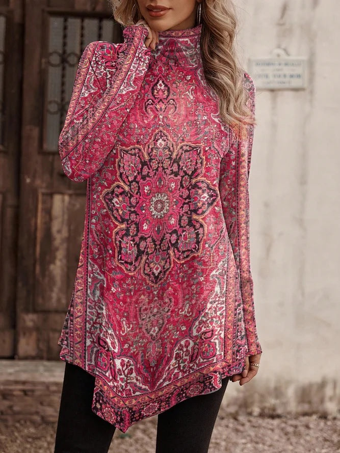 Damen Tunika mit floralem Design und hohem Kragen R&B