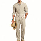 Herren nan eleganter Leinen-Zweiteiler mit Hemd und Hose mit hohem Bund und Bindegürtel R&B