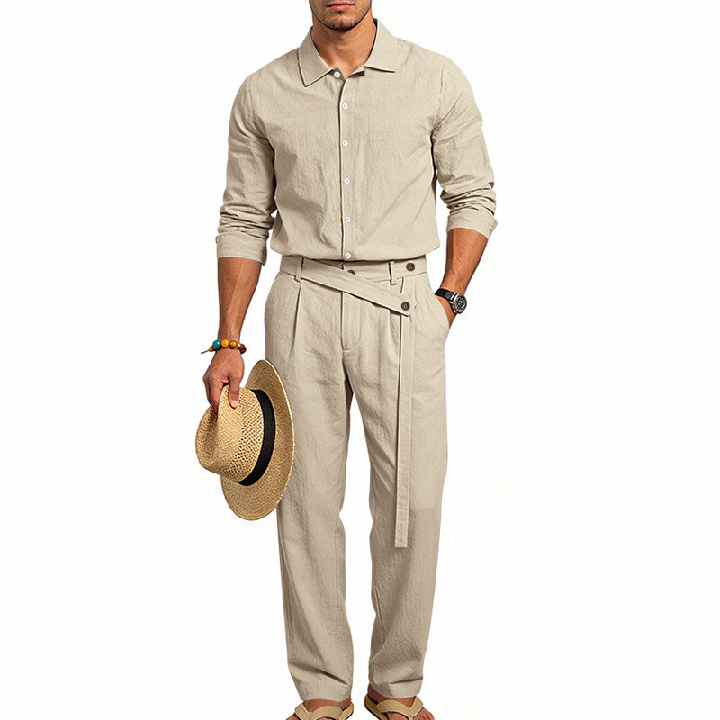 Herren nan eleganter Leinen-Zweiteiler mit Hemd und Hose mit hohem Bund und Bindegürtel R&B