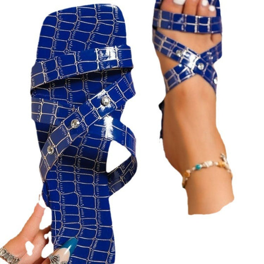 Damen Kreuzband-Pantoletten mit elegantem Krokodilprägung und Glitzerdetails R&B