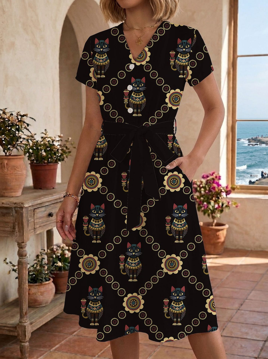 Damen Sommerliches Kleid mit taillierbarem Bindegürtel und floralem Muster R&B