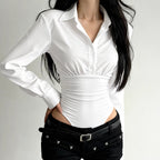 Damen eleganter Bodysuit mit feinem Kragen und Knopfdetails R&B